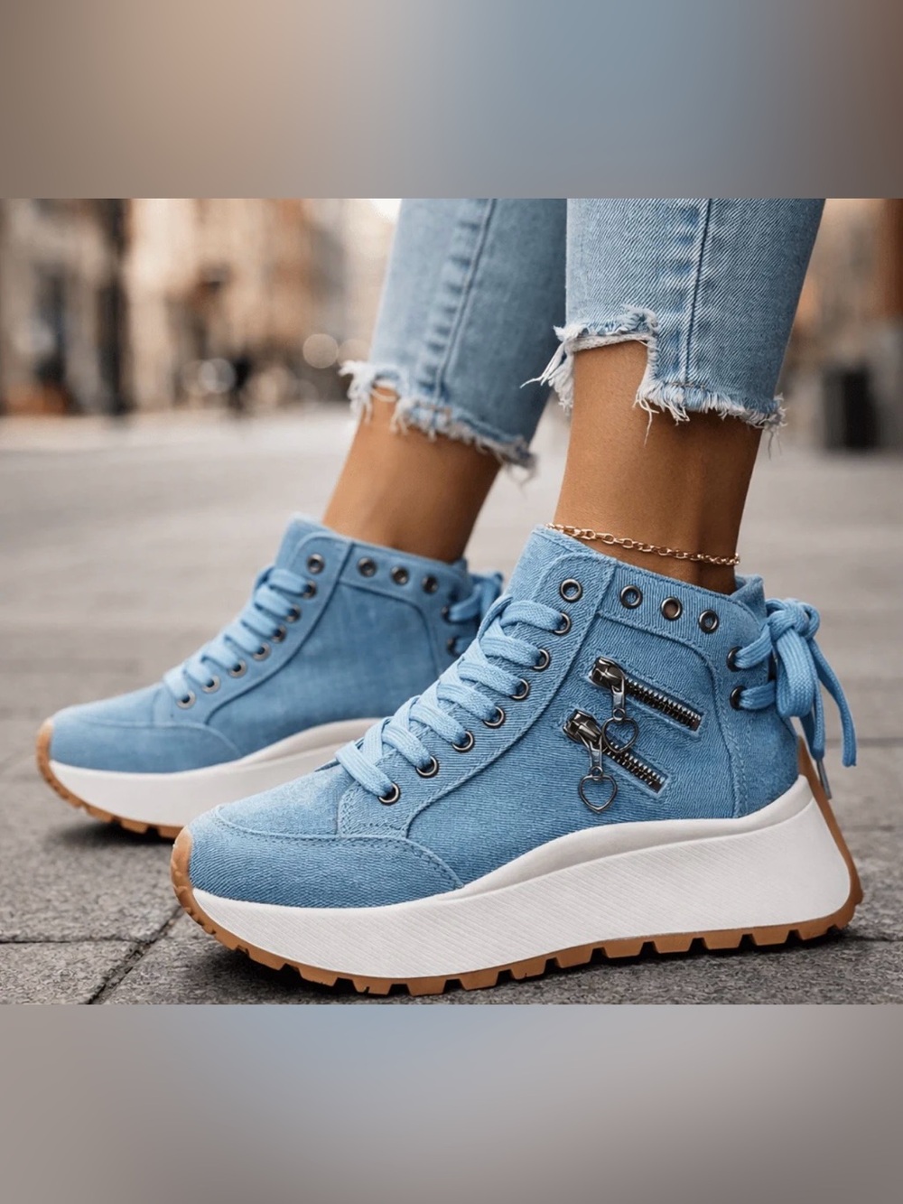 Women’s Canvas Platform Sneakers High Top Denim Shoes Size 38 - Picture 2 of 7